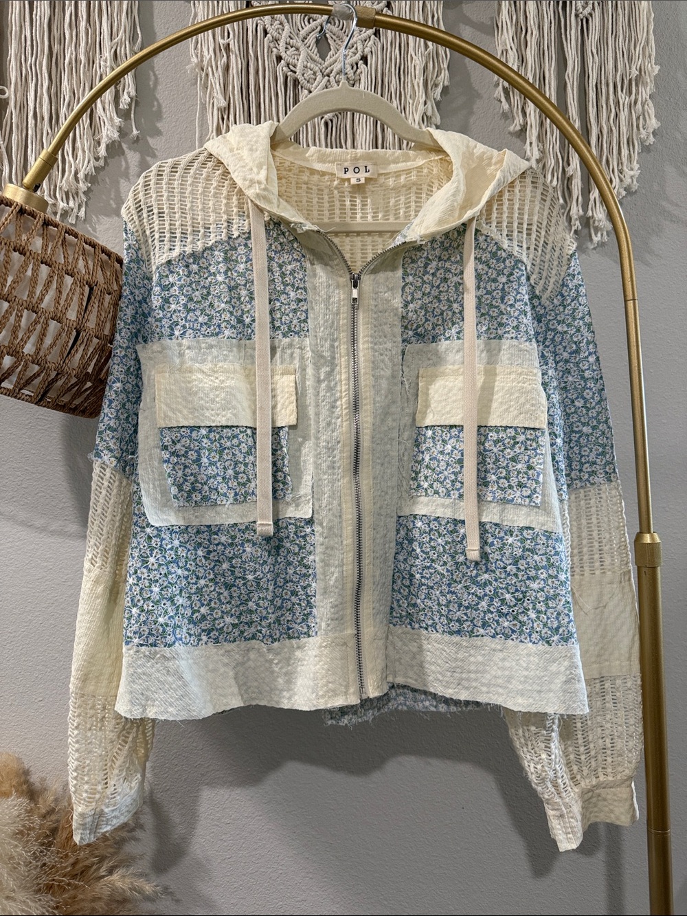 POL Cream and Blue Floral Patchwork Hooded Utility Jacket